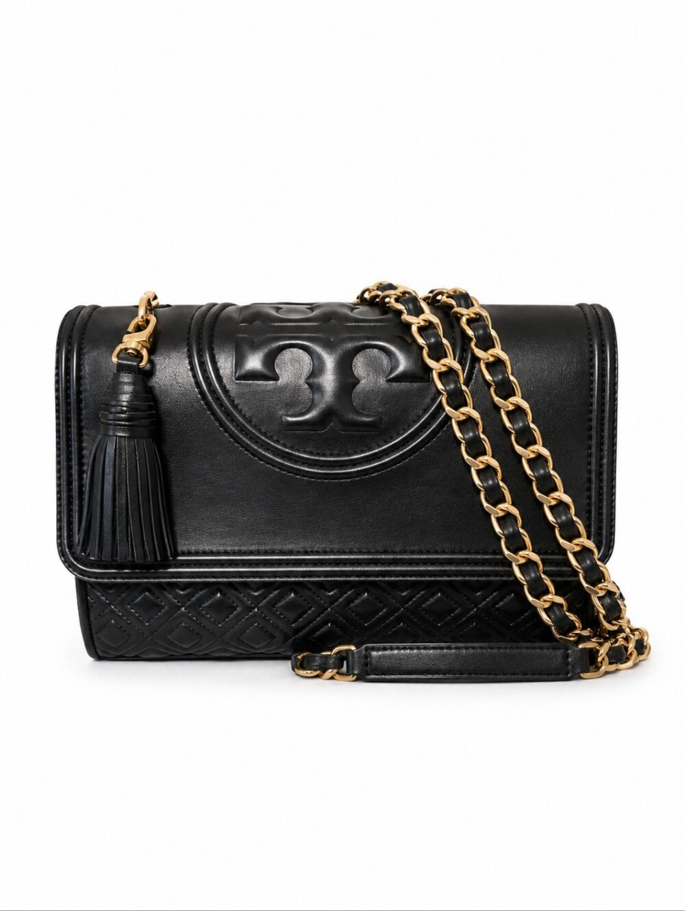 Tory Burch Fleming Black Leather Chain Crossbody Shoulder Bag Tassel